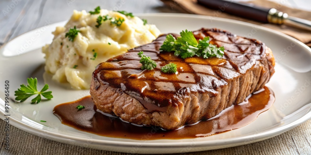 Grilled Steak with Mashed Potatoes and Gravy on White Plate, steak , dinner , recipe Grilled Steak with Mashed Potatoes and Gravy on White Plate, steak , dinner , recipe