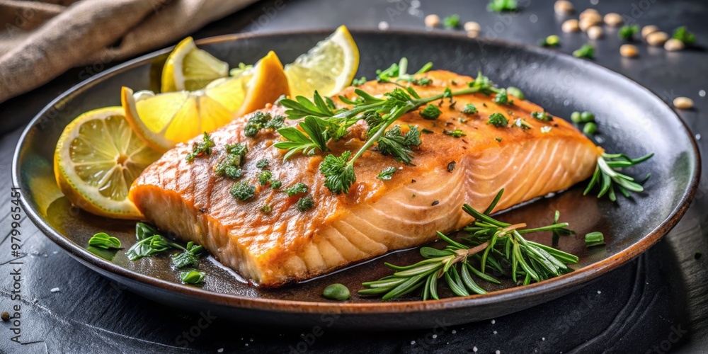 Grilled Salmon with Lemon and Herbs on a Black Plate, Food Photography, Salmon Recipe, Seafood , Dinner , Healthy Grilled Salmon with Lemon and Herbs on a Black Plate, Food Photography, Salmon Recipe, Seafood , Dinner , Healthy