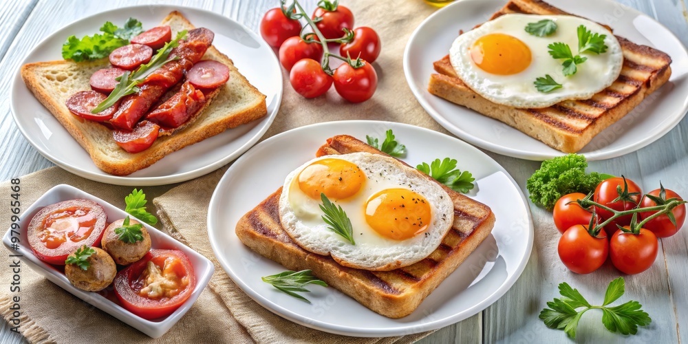 Grilled Toast with Fried Egg and Cherry Tomatoes, breakfast , food , toast Grilled Toast with Fried Egg and Cherry Tomatoes, breakfast , food , toast