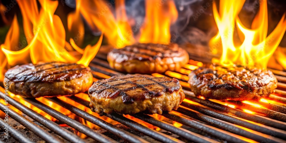 Grilling Burgers in Flames - Close-up of Juicy Patties on a Hot Grill, Flame , Barbecue , Food Grilling Burgers in Flames - Close-up of Juicy Patties on a Hot Grill, Flame , Barbecue , Food