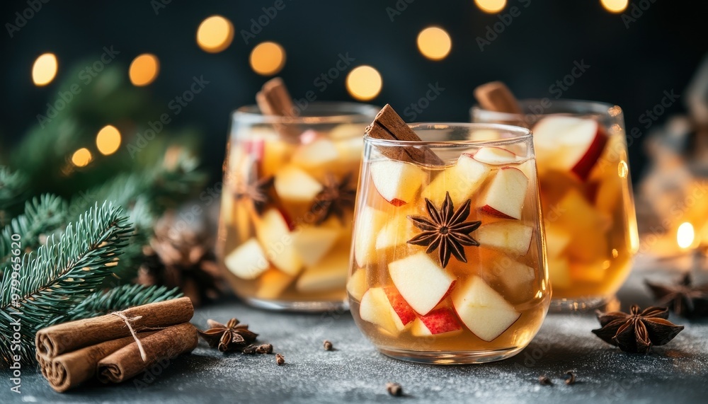 Apple mulled wine made with apple slices cinnamon and anise stars in clear cups Apple mulled wine made with apple slices cinnamon and anise stars in clear cups