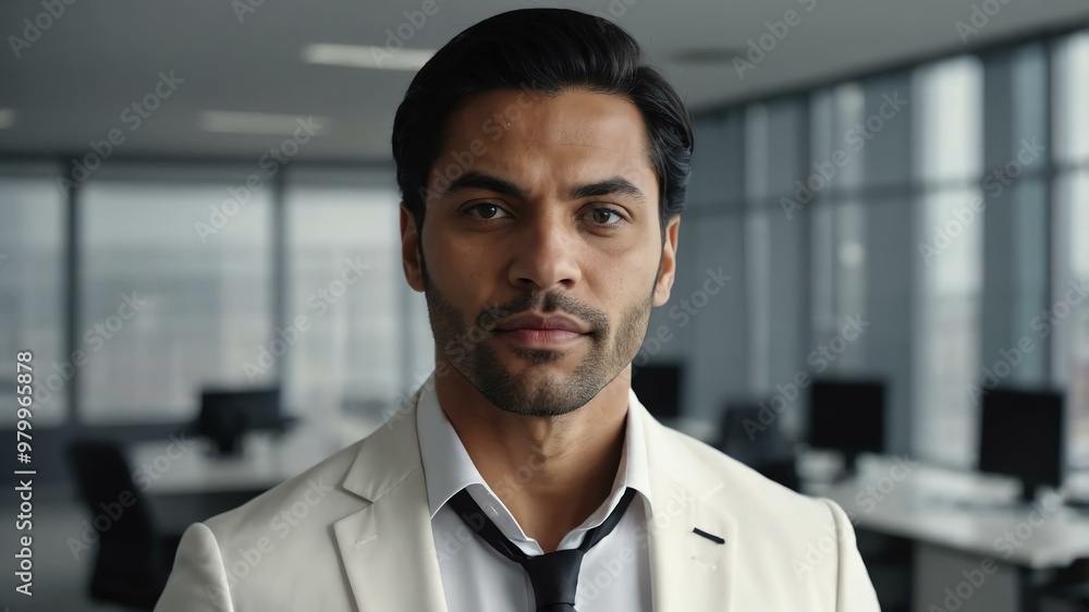 Fototapeta premium adult black hair european man in white formal attire model portrait looking confident on an office background for ad concept space for text