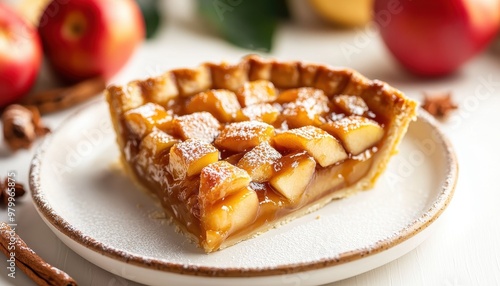 Apple pie with caramel on plate white background side view