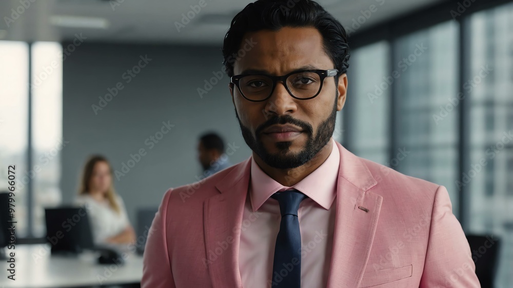Obraz premium adult black hair european man in pink formal attire model portrait looking confident on an office background for ad concept space for text