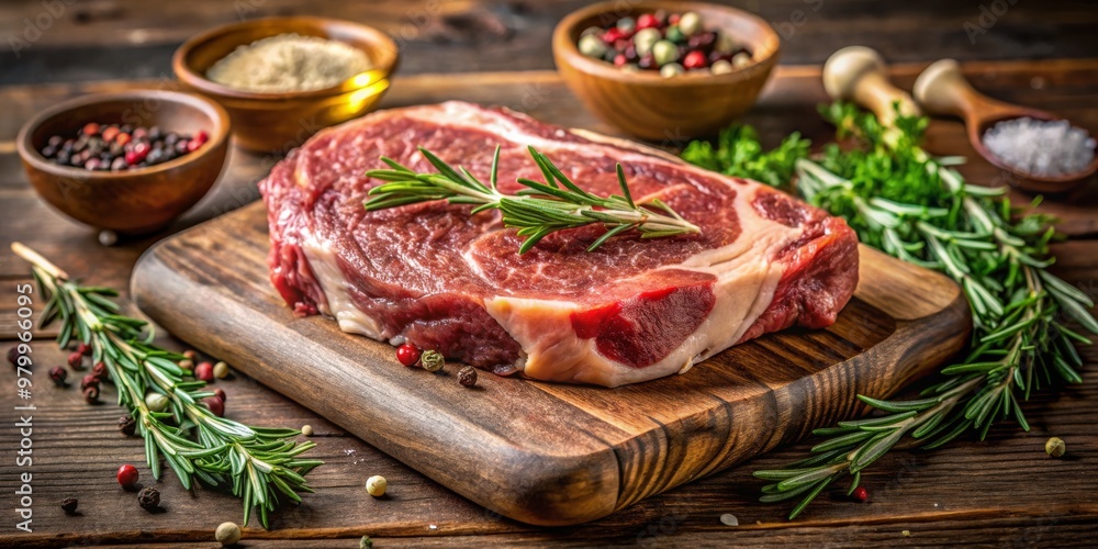 Raw Beef Steak with Rosemary and Peppercorns on Wooden Cutting Board, Steak, Recipe, Seasoning Raw Beef Steak with Rosemary and Peppercorns on Wooden Cutting Board, Steak, Recipe, Seasoning