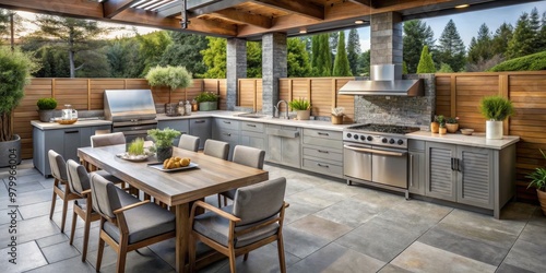 Modern Outdoor Kitchen Design with Grey Cabinets and Wooden Table, Patio Furniture, Kitchen Appliances, Outdoor Kitchen, Backyard Design, Landscape Design