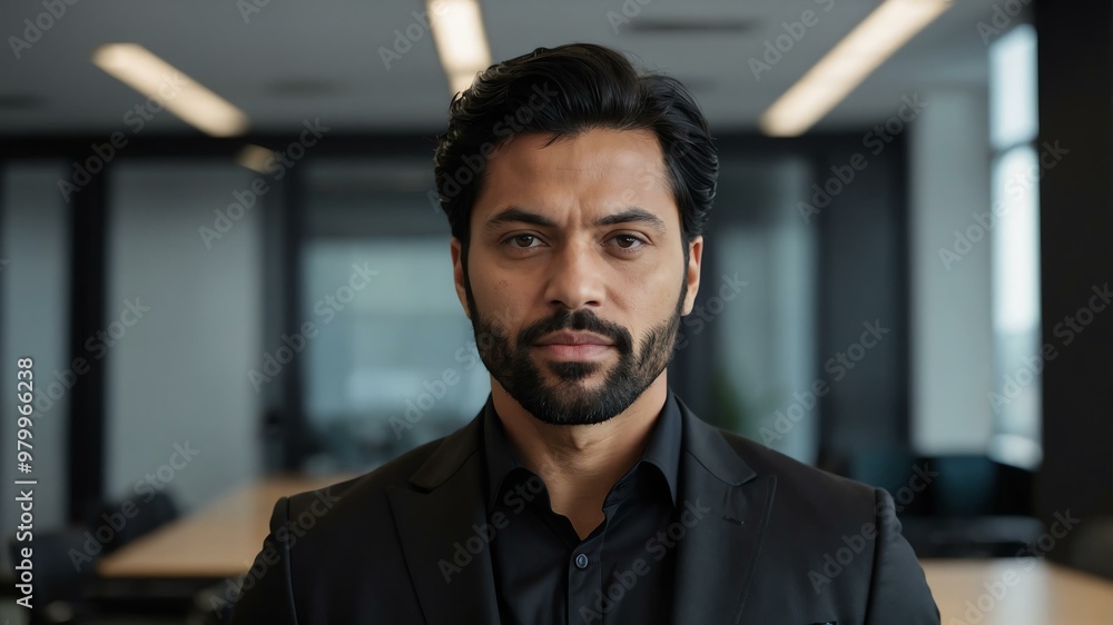 Obraz premium adult black hair european man in black formal attire model portrait looking confident on an office background for ad concept space for text
