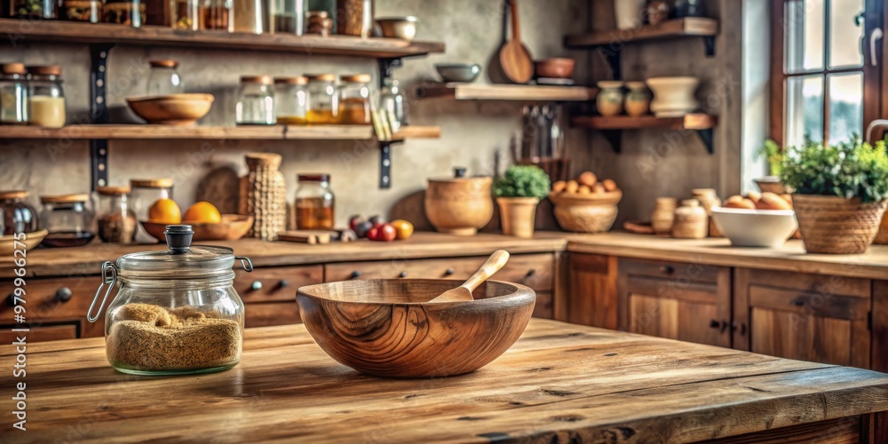 Rustic Kitchen Table with Wooden Bowl and Jar of Spices, Rustic Kitchen, Wooden Bowl, Kitchen Decor