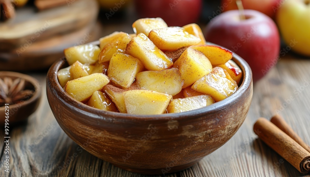 Apples cooked in honey and cinnamon in a clay bowl on wooden surface Apples cooked in honey and cinnamon in a clay bowl on wooden surface