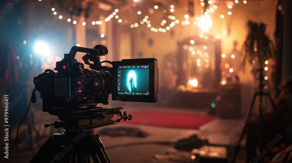 A professional camera on a tripod is set up to film in a dimly lit room. The camera's viewfinder shows footage of a blurry scene. String lights hang in the background, adding a touch of ambiance. A professional camera on a tripod is set up to film in a dimly lit room. The camera's viewfinder shows footage of a blurry scene. String lights hang in the background, adding a touch of ambiance.