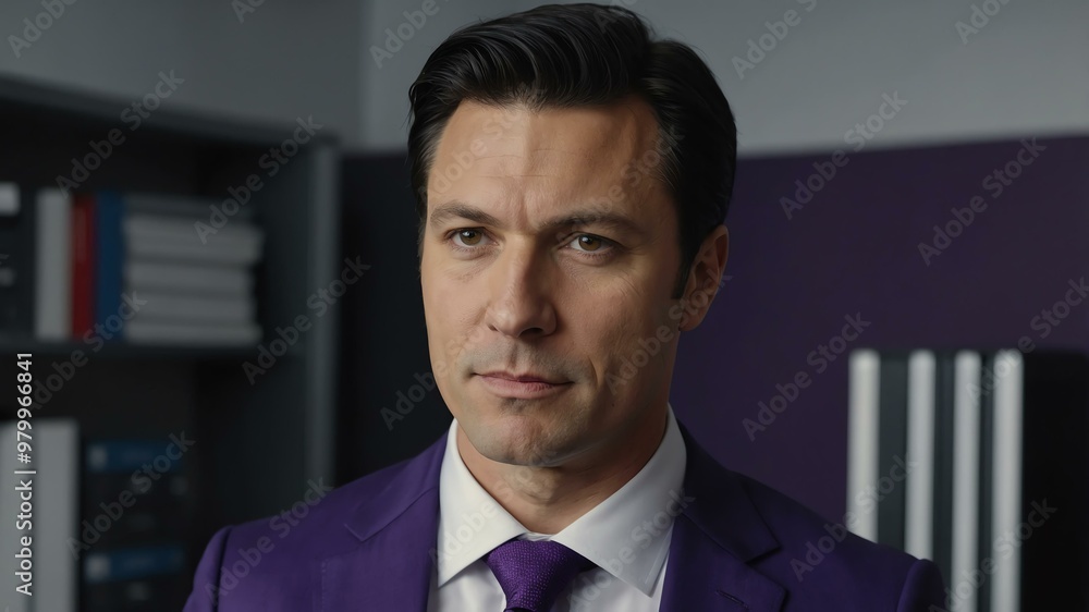 Naklejka premium adult black hair caucasian man in purple formal attire model portrait looking confident on an office background for ad concept space for text
