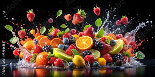 Water Splashing on a Mix of Berries and Citrus Fruit, black background, photography, fresh fruits, healthy food, water splash, fruit salad