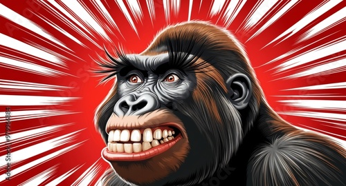 An illustrated gorilla with an expressive face against a red and white radiating background photo