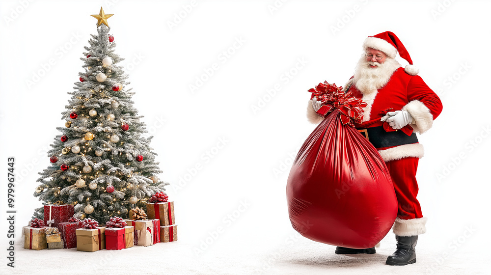 Santa Claus pulling huge bag of presents isiolated on white background Santa Claus pulling huge bag of presents isiolated on white background