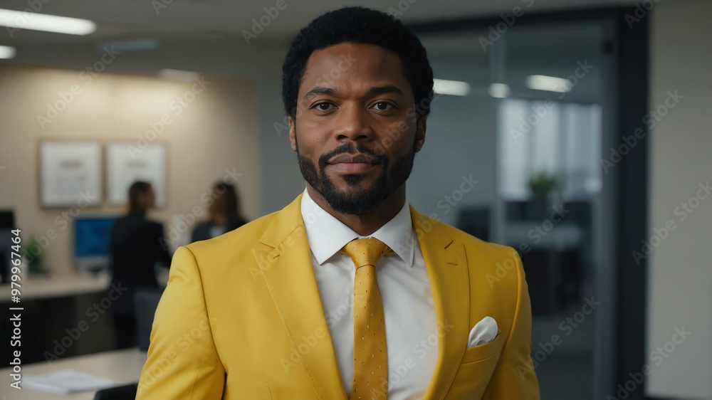 Fototapeta premium adult black hair american man in yellow formal attire model portrait looking confident on an office background for ad concept space for text