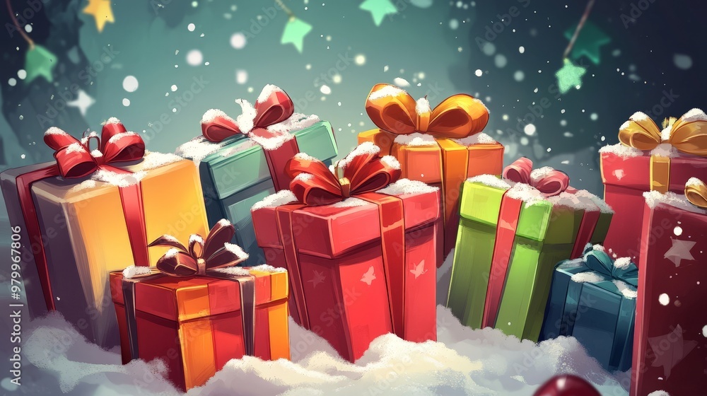 A vibrant New Year background showcases colorful presents adorned with bows, nestled in soft snow, creating a festive and inviting atmosphere for the celebration A vibrant New Year background showcases colorful presents adorned with bows, nestled in soft snow, creating a festive and inviting atmosphere for the celebration