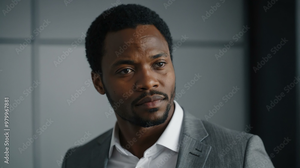 Fototapeta premium adult black hair african man in gray formal attire model portrait looking confident on an office background for ad concept space for text