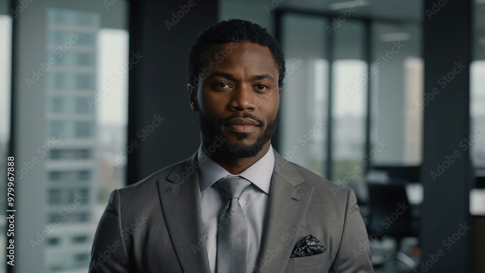 Fototapeta premium adult black hair african man in gray formal attire model portrait looking confident on an office background for ad concept space for text