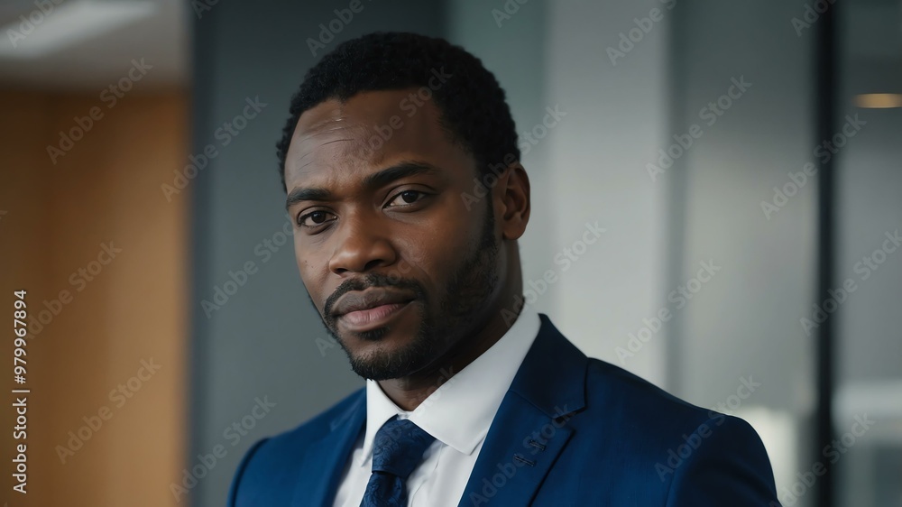Fototapeta premium adult black hair african man in blue formal attire model portrait looking confident on an office background for ad concept space for text