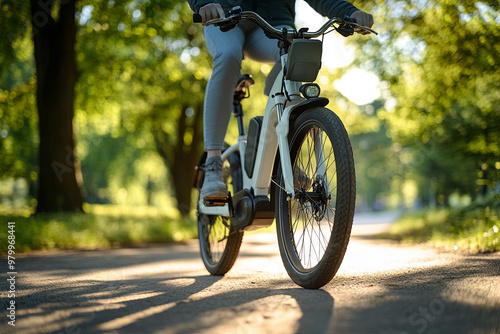 Electric bike being ridden through a park photo