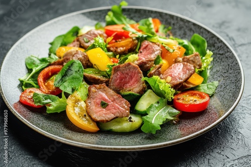 Beef tongue salad with fresh vegetables on a plate