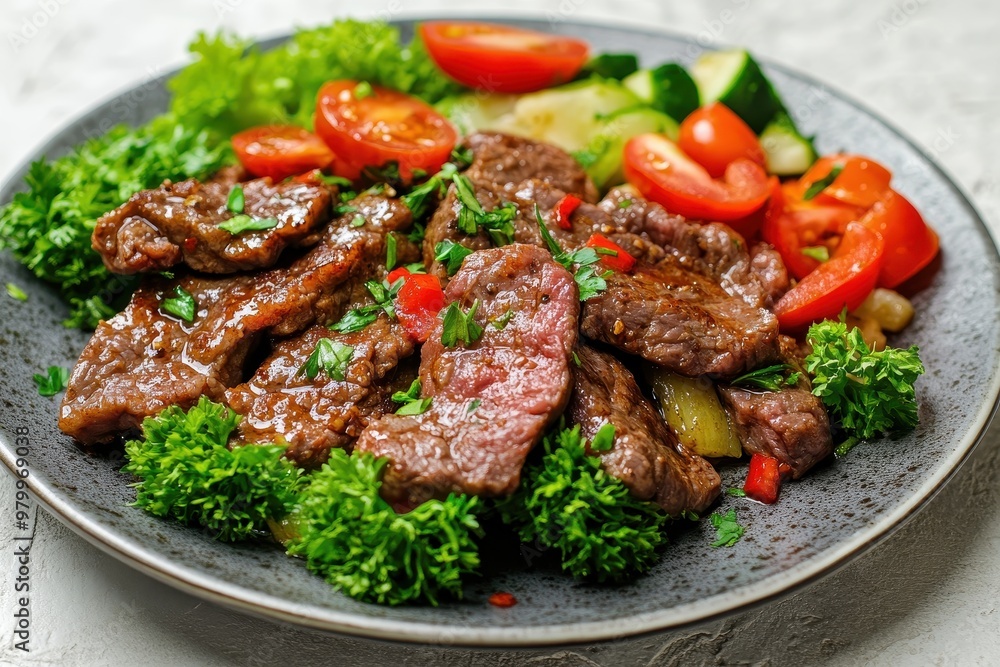 Beef tongue with vegetables on a plate light background focused Beef tongue with vegetables on a plate light background focused