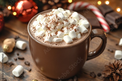 Hot Chocolate with Marshmallows: A close-up of a cup of hot chocolate topped with whipped cream and marshmallows. Placed on wooden table next to Christmas decorations, fairy lights, and candy canes.