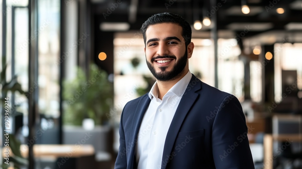 Fototapeta premium Smiling Entrepreneur Wearing Formal Suit Standing In Modern Office Corporate Setting