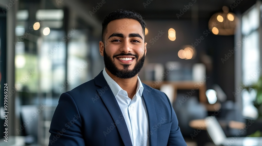 Fototapeta premium Smiling Entrepreneur In Formal Suit Standing In Modern Office Leadership Role