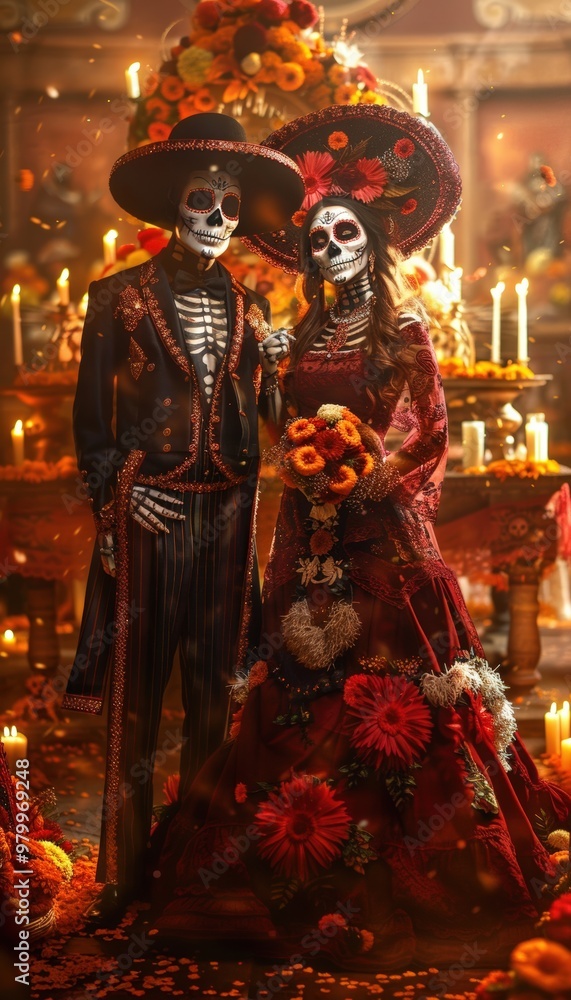 Fototapeta premium Elegant Day of the Dead Couple in Calavera Costumes by Grand Altar with Candles and Marigolds