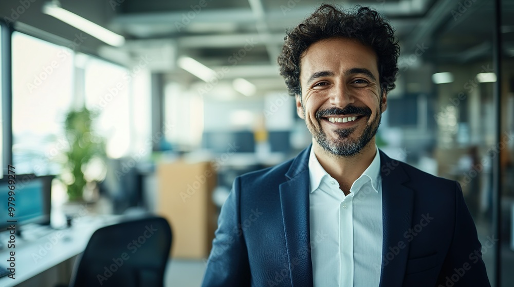 Fototapeta premium Confident Male Professional Wearing Suit Smiling Brightly in Office Setting Modern Workspace