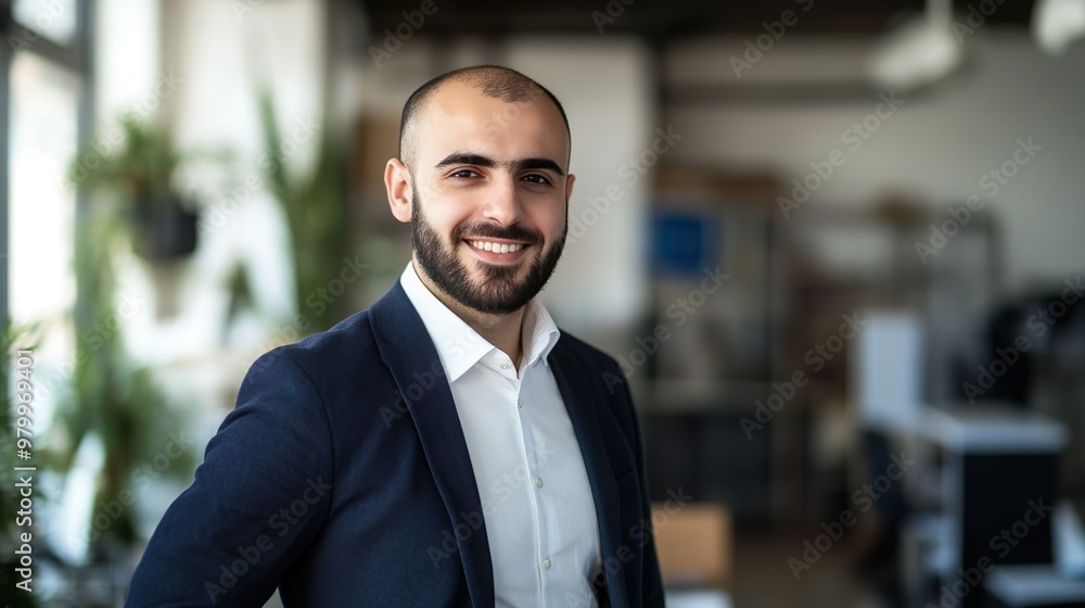 Confident Male Business Leader Smiling in Modern Corporate Office Setting in Professional Attire Confident Male Business Leader Smiling in Modern Corporate Office Setting in Professional Attire
