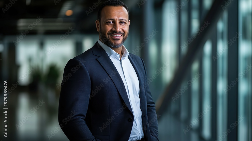 Fototapeta premium Smiling Corporate Professional in Stylish Office Attire Confidently Standing in Modern Workspace