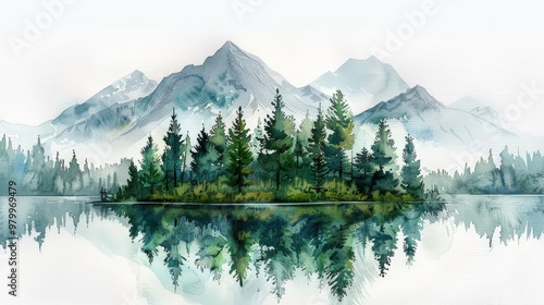 Watercolor painting of a mountain range reflected in a still lake.