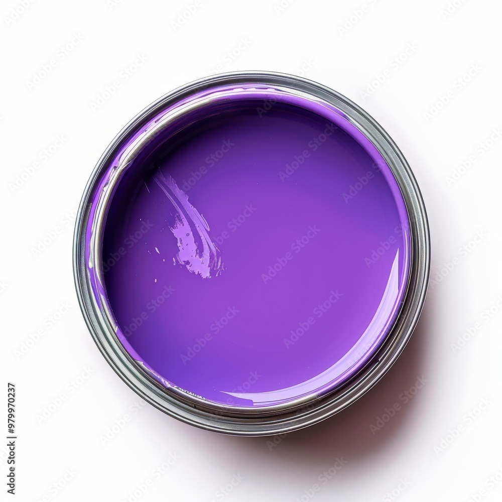 Fototapeta premium An open tin can of violet paint rests on a clean white background, revealing its vivid and glossy surface.