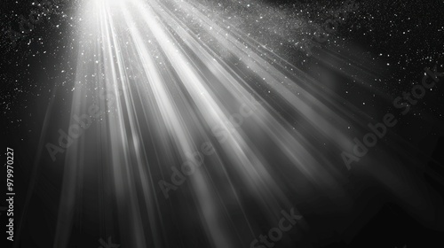 A bright white light beam shining through a dark background with sparkles.