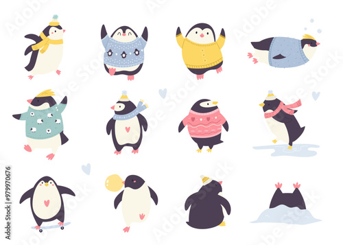 Hand drawn set of funny penguins in knitted scarfs. sweaters, hats