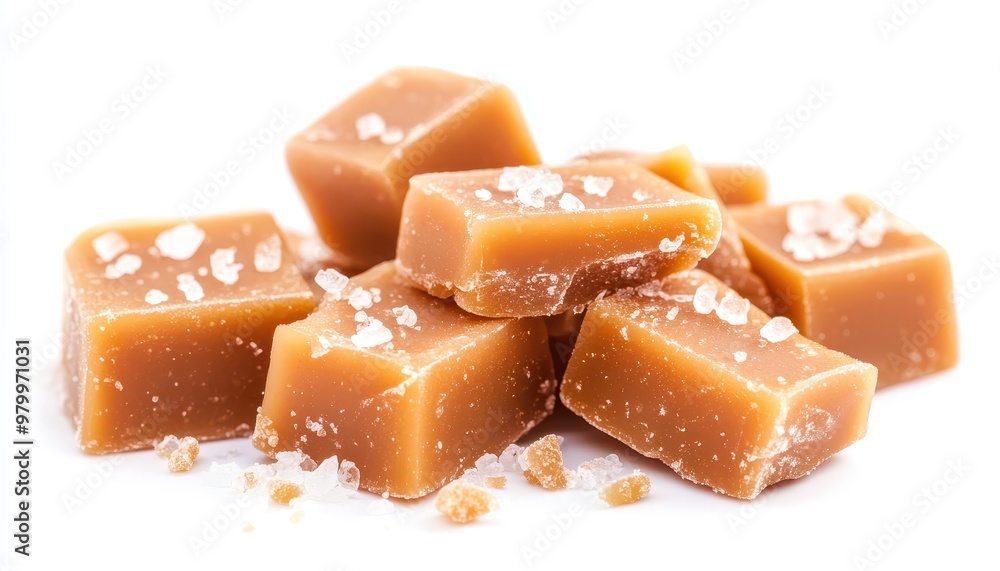 Caramel candies with sea salt on white background Toffee sauce Butter toffee Caramel candies with sea salt on white background Toffee sauce Butter toffee
