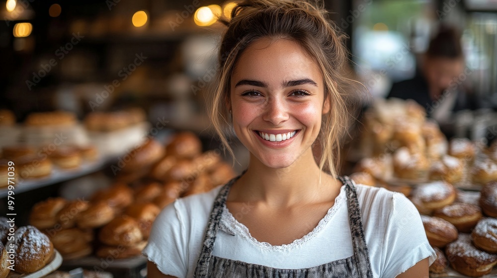 A smiling saleswoman at a bakery, with the background bakery store A smiling saleswoman at a bakery, with the background bakery store