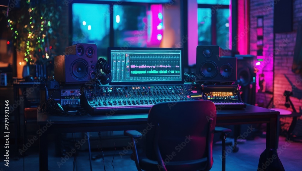 © SKIMP Art - an empty music studio with analog and digital sound mixing console, monitors, recording equipment, and headphones on the desk Generative AI