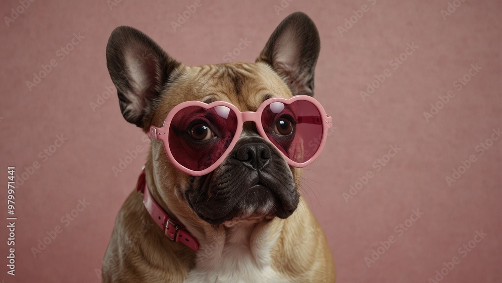 Cute dog wearing pink heart-shaped glasses with pink collar Cute dog wearing pink heart-shaped glasses with pink collar