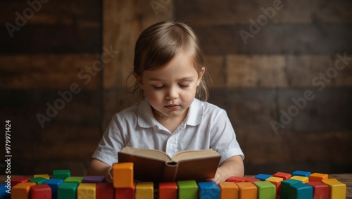 Young child reading with colorful blocks on the table photo