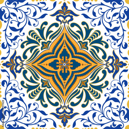 Traditional spanish floral ornament floor tiles. Portuguese motifs. Intricate mosaic pattern design