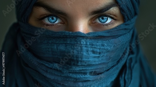 Woman with striking blue eyes and a blue headscarf gazes thoughtfully in a dimly lit room