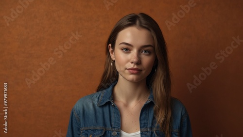 Young woman with denim jacket, neutral expression, warm backdrop photo