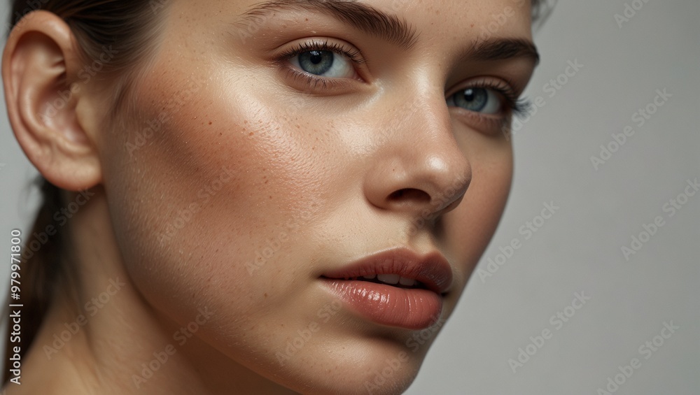 Close-up of a young woman's face showing clear skin and features Close-up of a young woman's face showing clear skin and features