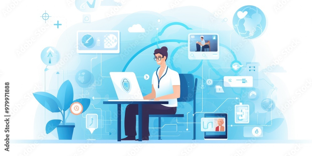 Online medical communication with patient on a virtual interface, medical consultation, Virtual hospital concept Online medical communication with patient on a virtual interface, medical consultation, Virtual hospital concept