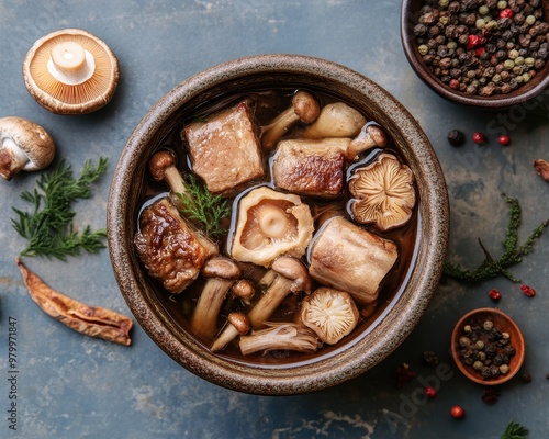 Chinese dish with pork and mushrooms topped with ground pepper photo