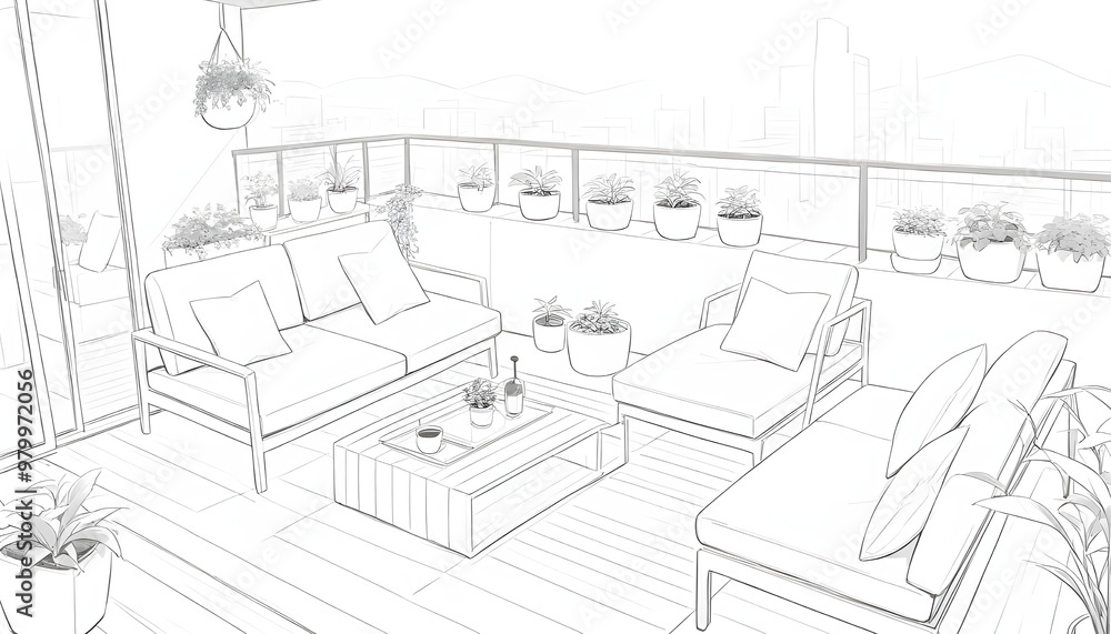 A serene and stylish modern balcony oasis, where sleek lines and minimalist decor come together in perfect harmony, featuring a chic outdoor sofa, sketch. A serene and stylish modern balcony oasis, where sleek lines and minimalist decor come together in perfect harmony, featuring a chic outdoor sofa, sketch.