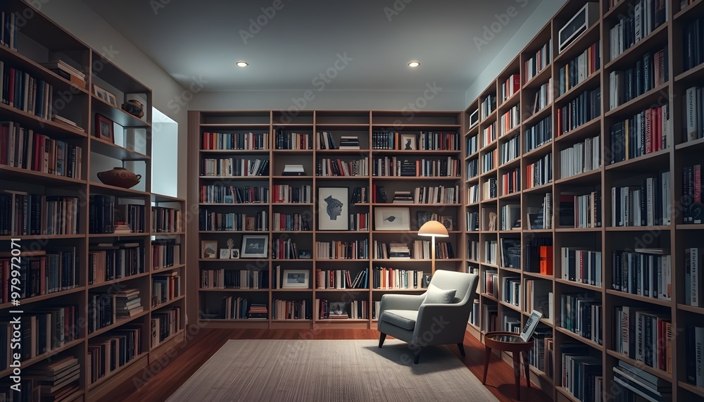 A contemporary home library with floor-to-ceiling bookshelves, a cozy reading nook with a comfortable armchair, and a sleek floor lamp. A contemporary home library with floor-to-ceiling bookshelves, a cozy reading nook with a comfortable armchair, and a sleek floor lamp.